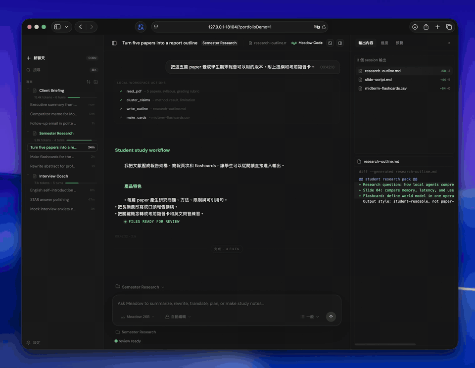 Recorded Meadow Desktop workflow showing local workspace actions and generated outputs