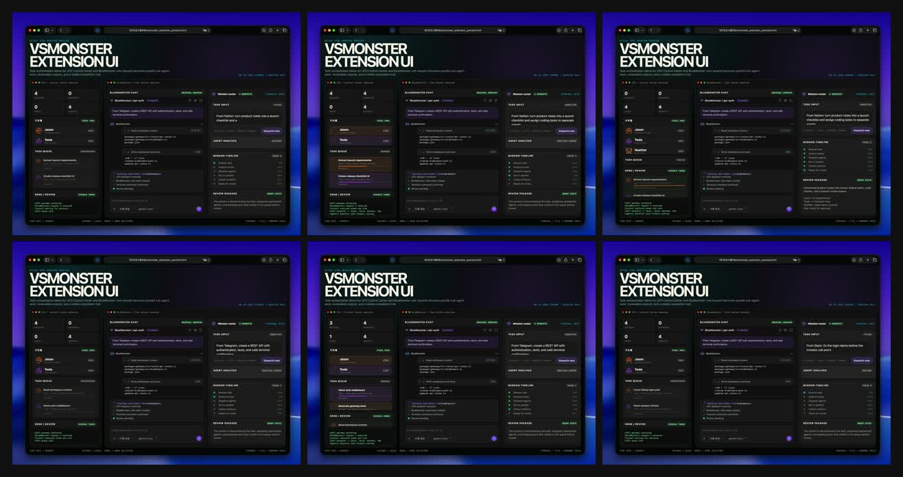 VSMONSTER chat and task routing storyboard frames